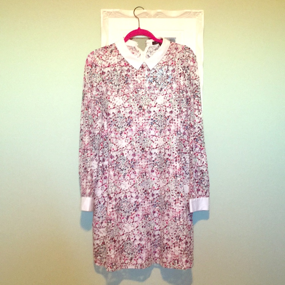 BCBG Pink Floral Long-Sleeve Collared Dress
